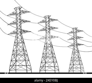 Linienzeichnung Illustration von Strommasten oder Stromleitungen auf isoliertem Hintergrund in Schwarz und Weiß. Stockfoto