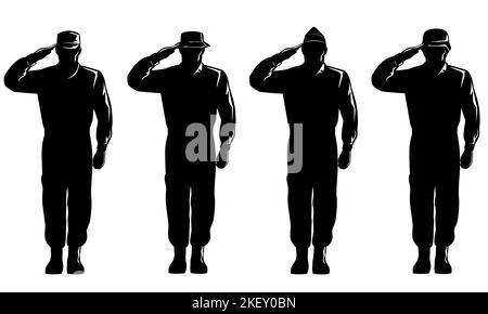 Illustration eines amerikanischen Soldaten Militärsoldaten Militärangehöriger Personal Silhouette grüssend von vorne Ganzkörper auf isoliertem Hintergrund im Retro-Stil betrachtet Stockfoto