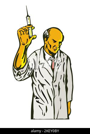 Illustration einer Krankenschwester oder eines Wissenschaftlers eines Arztes, der eine Spritze mit Impfstoff hält, die von vorne auf isoliertem Hintergrund gesehen wurde, in Retro-Comics st Stockfoto