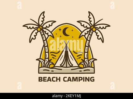 Gelbes Vintage Art Illustration des Strand-Camping-Badges Stock Vektor