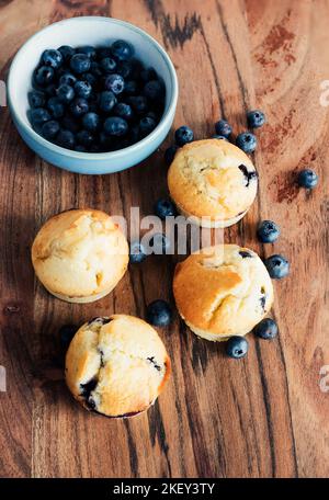 Blaubeer-Cupcake-Muffins auf Holzbretttisch frisch gebacken mit frischen Heidelbeeren Stockfoto