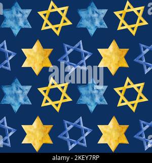 Nahtloses Muster mit jüdischen Sternen in blaugoldenen Farben. Geometrisches Muster für Hanukkah, Purim Designs. Stockfoto