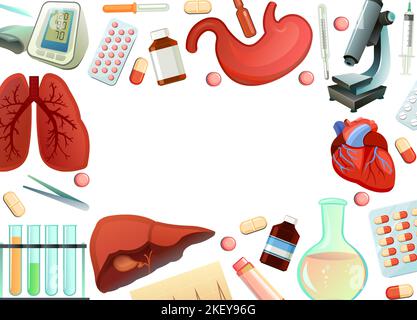 Medizin- und Behandlungsobjekte mit Platz für Text. Studienteilnehmer. Ausrüstung und menschliche innere Organe für die Behandlung. Isoliert auf weißem Hintergrund Stock Vektor