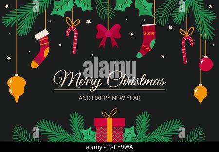 Weihnachtsbanner mit der Aufschrift Frohe Weihnachten und Frohes Neues Jahr auf dem Hintergrund von Tannenzweigen und hängenden Weihnachtsspielzeugen Stock Vektor
