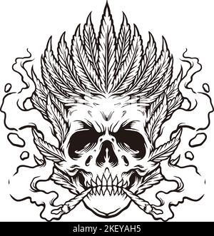 Totenkopf Smoke Leaf Marihuana monochrome Vektor-Illustrationen für Ihre Arbeit Logo, Merchandise T-Shirt, Aufkleber und Label-Designs, Poster, Grußkarten Stock Vektor