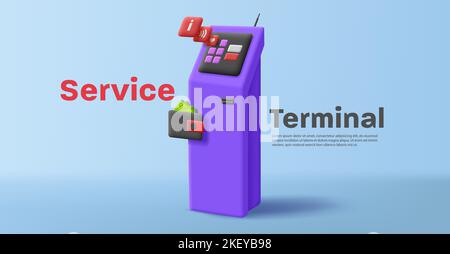 Service-Terminal mit Fliesen Pop-up vom Touchscreen und Geldbörse mit Bargeld, 3D Stil Stock Vektor