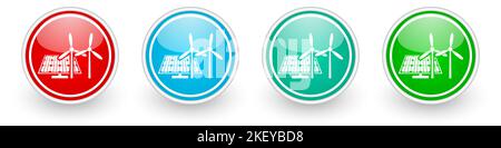 Wind- und Solarenergie, Vektor-Symbole für erneuerbare Energien, farbenfrohe, glänzende Knöpfe auf Weiß Stock Vektor