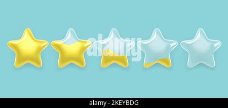 Fünf realistische Sterne mit Glasbewertung, gefüllt mit Gold Stock Vektor