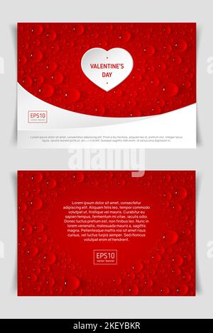 Valentinstag-Banner mit Herz und Wassertropfen auf rotem Hintergrund. Stock Vektor