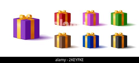 Geschenkboxen, 3D Quadratmeter, mit goldener Schleife, Symbolset Stock Vektor