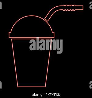 Neon geschlossenen Behälter für heiße kalte Getränke mit Stroh rot Farbe Vektor Illustration Bild flach Stil Licht Stock Vektor