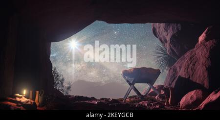 Krippe. Geburt Jesu Christi mit Krippe in dunkelblauer Landschaft und dem Stern von Bethlehem. 3D Rendern. Stockfoto