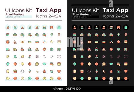 Taxi Service Pixel Perfect RGB Color ui-Symbole für den dunklen, hellen Modus eingestellt Stock Vektor