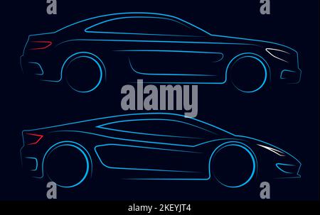 Autos Silhouette Vektorlinie auf dunklem Hintergrund. Seitenansicht der Sportwagen-Illustration. Stock Vektor