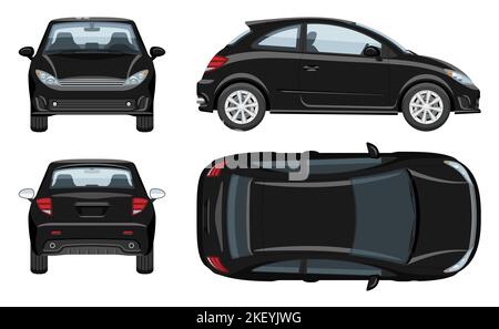 Auto-Vektor-Vorlage mit einfachen Farben ohne Verläufe und Effekte. Ansicht von der Seite, vorne, hinten und oben Stock Vektor