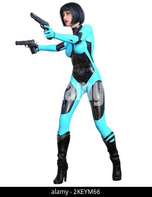 Futuristische Kriegerin mit Gewehren, schwarze Haare Frau, 3D Rendering Stockfoto