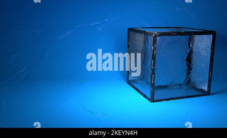 Glaswürfel vor blauer Wand, modernes Raumdesign, 3D Rendering Stockfoto