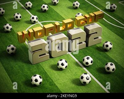 Konzept des globalen Fußballturniers 2022. 3D Abbildung. Stockfoto