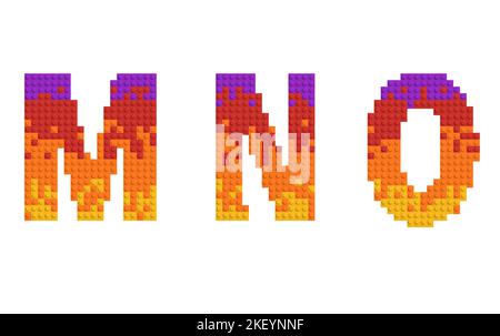 Satz Buchstaben und Zahlen aus mehrfarbigen Ziegeln. 3D Alphabet, Buchstaben M N O Stockfoto