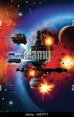 Raumschiffe in einer Raumschlacht um ein außerirdisches Planetensystem, 3D Rendering Stockfoto