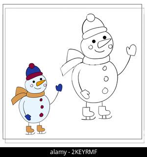 Bild für Kinder. Zeichnen Sie einen niedlichen Cartoon Schneemann auf der Grundlage der Zeichnung. Vektorgrafik. Stock Vektor