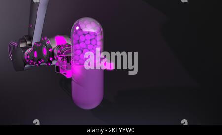 Futuristische Roboter Hand hält Pille in lila Licht. 3D Rendern Stockfoto