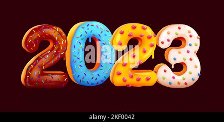 Leckere Grußkarte Frohes Neues Jahr 2023. Bunt glasiert Sweet Numbers. Grußkarte, Banner, Poster. Vektorgrafik Stock Vektor