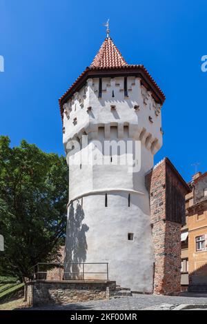 Der Tischlerturm (Turnul Dulgherilor) wurde im 14.. Jahrhundert von der sächsischen Zunft der Tischler in der Stadt Sibiu erbaut und war Teil des dritten Rings Stockfoto
