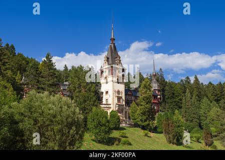 Das Schloss Peles befindet sich am sonnigen Südhang des Hügels, umgeben von jahrhundertealten Nadelbäumen und Laubbäumen, offen für Himmel und Sonne Stockfoto