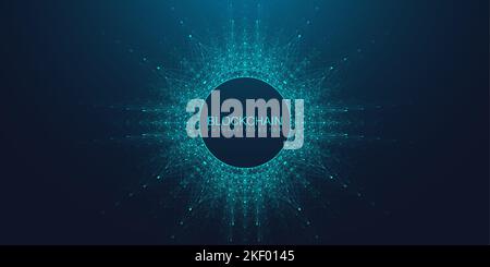 Blockchain-Übertragung der zukünftigen Satellitenkommunikation. Abstrakte Technologie Cloud-Welt. Hintergrund des globalen Fintech-Konzeptes. Digital Stock Vektor