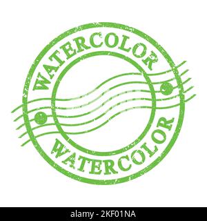 AQUARELL, Text auf grünem grungigen Briefmarke geschrieben. Stockfoto