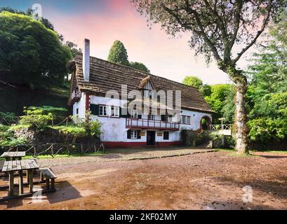 Madeira - alte Hütte, Hütte, Haus mit Strohdach im Wald., Portugal im Park Florestal das Queimadas. Tolles Wetter mit viel Sonne und nein Stockfoto