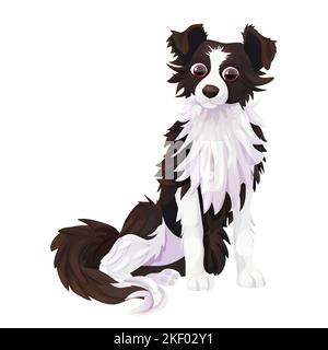 Border Collie niedlichen Haustier, Charakter sitzt im Cartoon-Stil isoliert auf weißem Hintergrund. Detailreiches Fell, entzückendes Tier. Vektorgrafik Stock Vektor