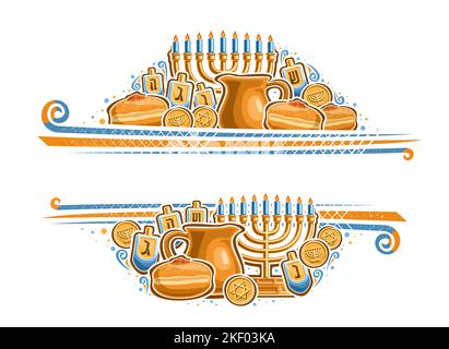 Vektor-Bordüre für Hanukkah mit leerem Kopierplatz für Gratulationstext, dekorative Grußkarte mit Darstellung der goldenen Menorah, blaue Brennkanühle Stock Vektor