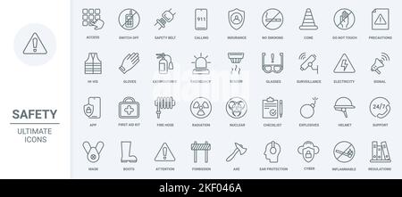 Lebenssicherheit, Versicherung dünne Linien Symbole setzen Vektor-Illustration. Übersicht Warnhinweise zu Unfallgefahr, erste-Hilfe-Kasten und Notfall, Feuerlöscher für Hausbrand, Überwachungsunterstützung Stock Vektor