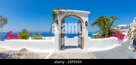 Weiße zykladische Architektur, Haus mit blauer Tür und blühende rosa Bougainvillea-Pflanze auf Santorini Insel Griechenland. Inspirierende idyllische Romantik Stockfoto