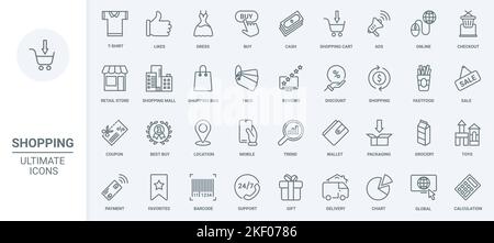 Online-Geschäft, Einzelhandel dünne Linie Symbole setzen Vektor-Illustration. Umriss Tasche und Warenkorb für den Einkauf auf Verkauf, Überprüfung und Werbung Technologie, Rabatte und Gutschein zu kaufen, Geldzahlung Stock Vektor