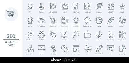 SEO, Business-Technologie dünne Linie Symbole setzen Vektor-Illustration. Skizzieren Sie Social-Media-Analysen und Internet-Netzwerke, Symbole für mobile Apps, Texterfassung und Nischenforschung, „Gefällt mir“-Angaben für Inhalte und Links Stock Vektor