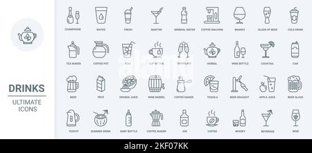Getränke dünne Linie Symbole setzen Vektor-Illustration. Übersicht über die Getränkekarte mit kaltem Süßwasser, alkoholischen Cocktails oder Saft und heißen Getränken, Champagner und Weingläsern, Kaffee- und Teekocher Stock Vektor