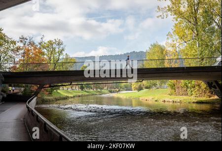 Ein Zusammenfluss von Straßen-, Schienen-, Fluss- und Fußgänger-/Radwegen in der Stadt Zürich, Schweiz Stockfoto