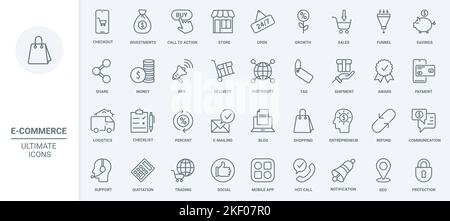 ECommerce, Shopping-Technologie dünne Linien Symbole setzen Vektor-Illustration. Skizzieren Sie Handel, Geschäftsinvestitionen und Online-Zahlung, Lieferung und Logistik, Werbung für Rabatt Prozent im Blog Stock Vektor