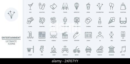 Fun Party Events, Reisen Urlaub und Freizeit dünne Linie Symbole setzen Vektor-Illustration. Umriss Mikrofon für Karaoke und Feuerwerk, glückliches Barbecue Picknick und Kinofilm, Unterhaltungssymbole Stock Vektor