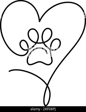 Katze oder Hund Pfote mit großem Herzen in kontinuierliche einzeilige Zeichnung Logo. Minimal Line Art. Tierdruck im Rahmen. PET Love-Konzept Stock Vektor