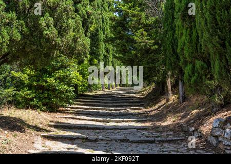 Via San Margherita, Fußweg zur Basilica di Santa Margherita in der Hügelstadt Cortona in der Toskana, Italien Stockfoto