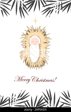 Jesuskind, das auf dem Heu in einer Krippe unter der Palme liegt, hinterlässt Schatten. Stilvolles fröhliches Weihnachtskartendesign. Cartoon isolierte Vektorgrafik Stock Vektor