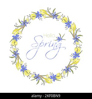 Hello Spring Lettering-Karte mit Kranz von Hand gezeichneten Kritzelblumen in Gelb und Lila. Vektorgrafik Stock Vektor