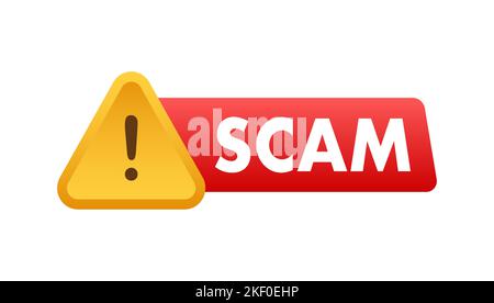 Banner mit roter Betrugswarnung. Hinweisschild. Symbol für Cyber-Sicherheit. Aufkleber mit Warnschild. Flaches Warnsymbol. Vektorgrafik. Stock Vektor
