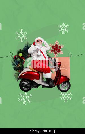 Kreative Retro 3D Magazin Collage Bild von beeindruckt funky santa eilte Lieferung Weihnachten Geschenke isoliert Malerei Hintergrund Stockfoto