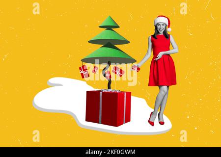 Kreative Retro 3D Zeitschrift Collage Bild von funky lächelnd charmante Dame Dekoration xmas Kiefer Tanne isoliert Malerei Hintergrund Stockfoto