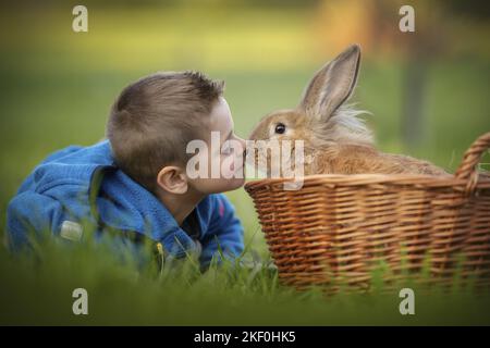 Junge mit Kaninchen Stockfoto